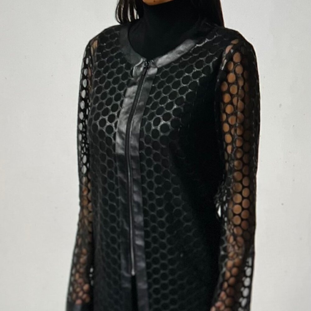 Joseph Ribkoff 233968 Black Faux Leather Mesh Zip-Up Jacket Size M